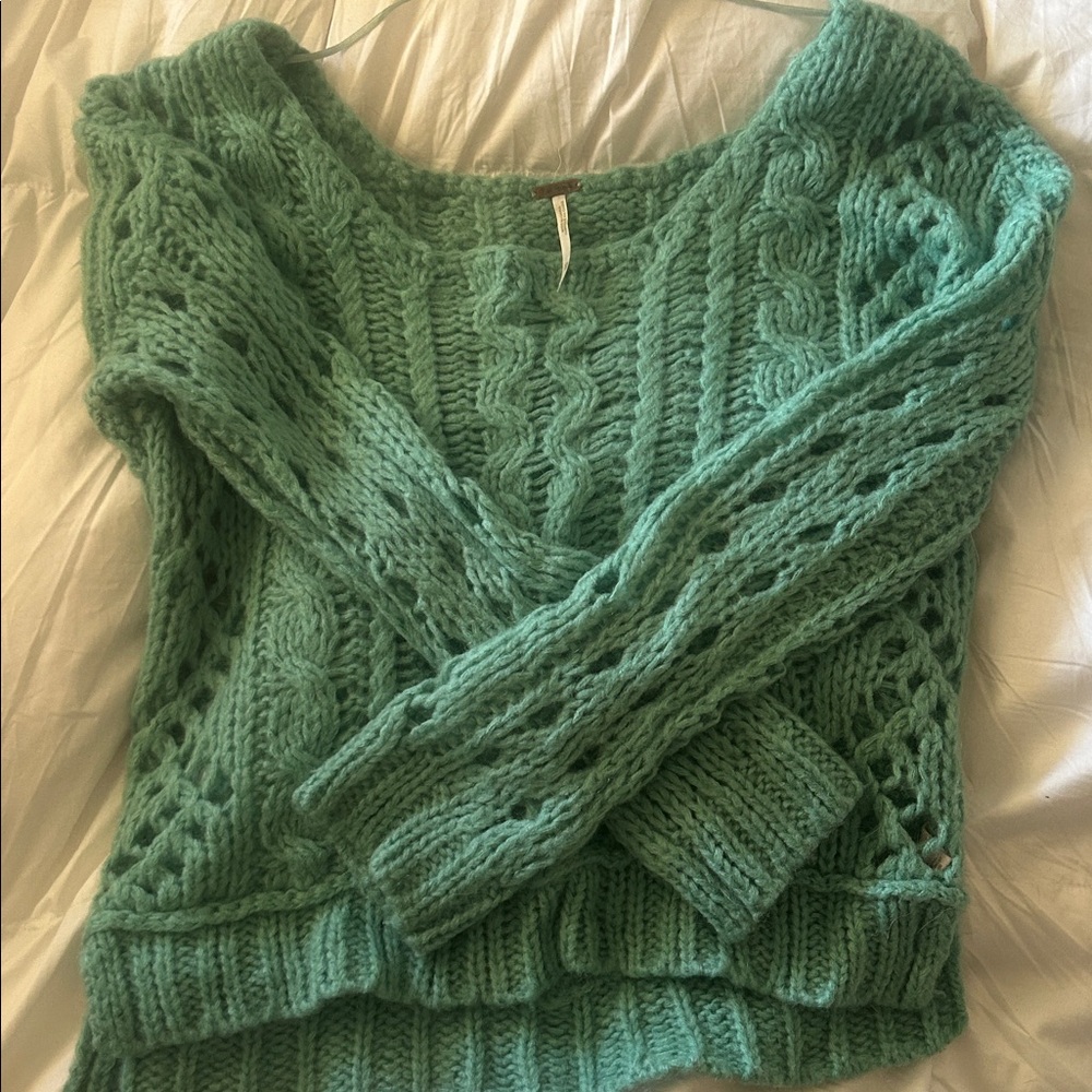 Free People Cozy Green Cable Knit Sweater